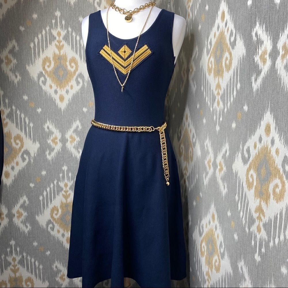 Ralph Lauren Navy & Gold Merino Knit Military Inspired Fit & Flare Tank Dress